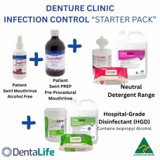 Dentalife Clinicare DENTURE CLINIC / DENTAL PROSTHETIST - STARTER PACK - Mouthrinse, Mouth Prep, Wipes, Liquids, Detergent and Disinfectant - 1 Pack (8 Items)